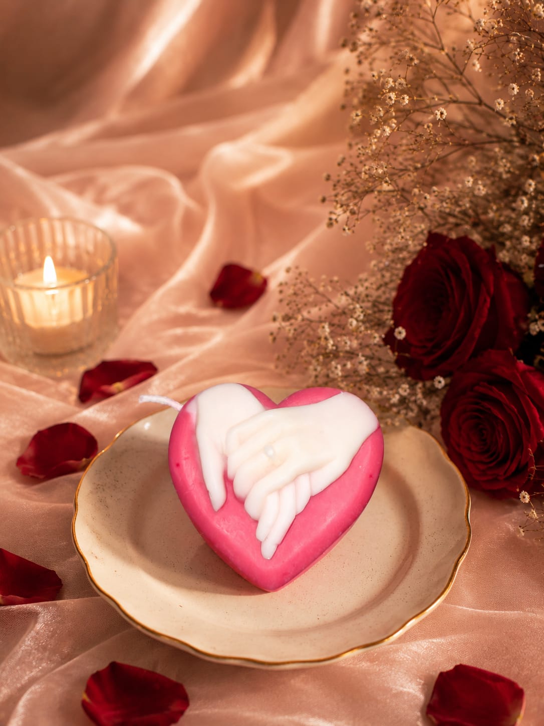 Rose pink and white heart shaped handmade candle